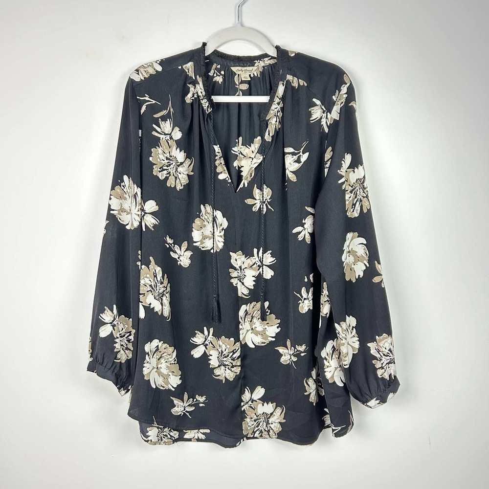Lucky Brand Black Tan Floral Tassel Dressy Blouse Plus Size 2X